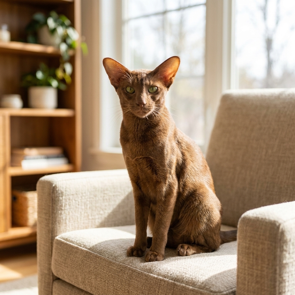 An Oriental Shorthair cat with large ears and green eyes sitting alertly in a bright living room