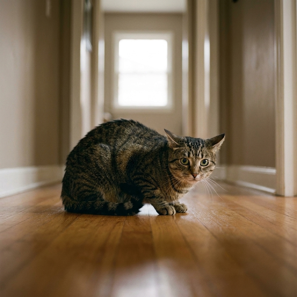 An adult cat crouched with ears pinned back and tail low, signaling stress in a quiet indoor hallway
