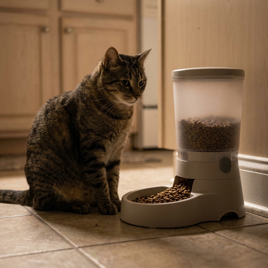 An automatic cat feeder sitting on a kitchen floor at night with a calm cat waiting nearby