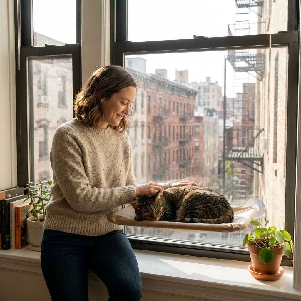 An indoor cat resting on a window perch in a small apartment, with soft daylight and a city view outside