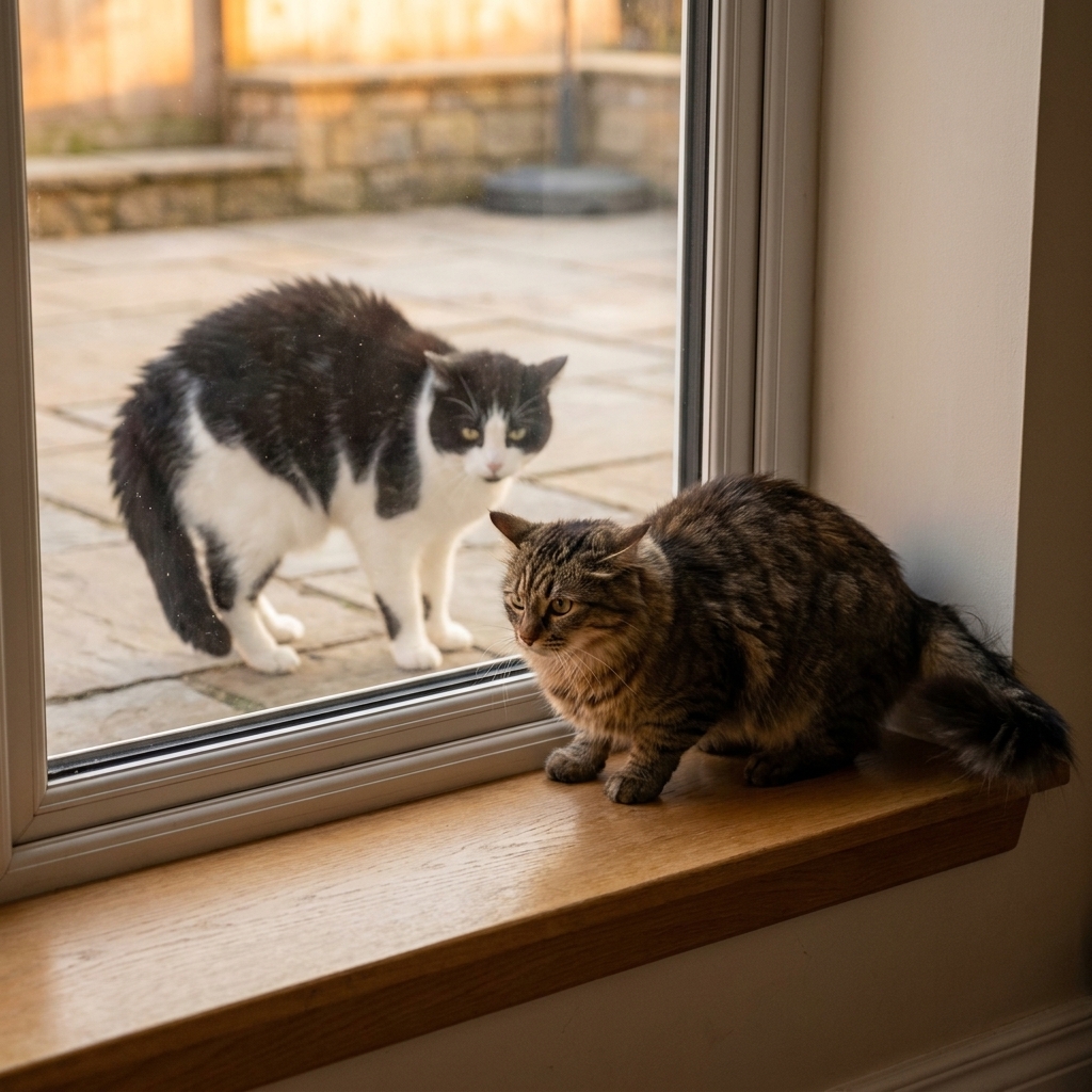 An indoor cat sitting tensely at a window while another cat is visible outside on a patio, creating a territorial standoff