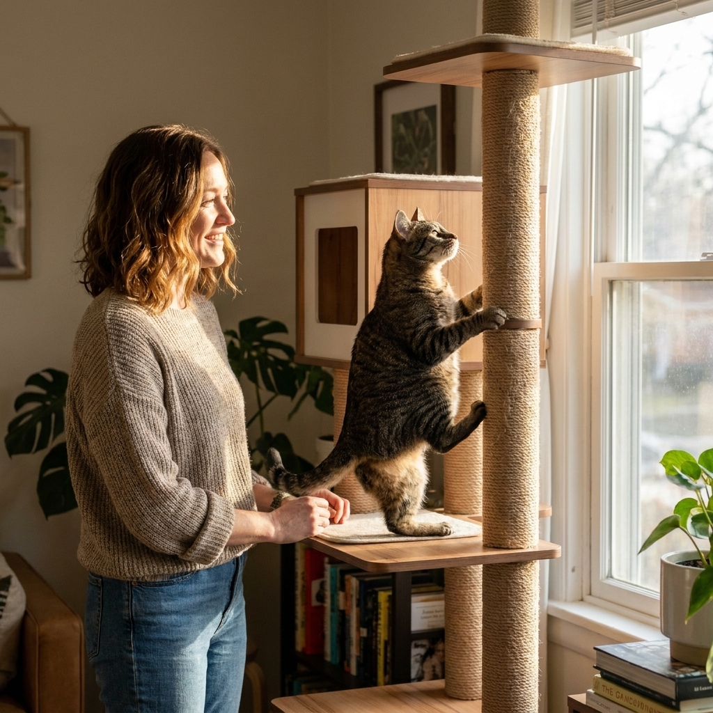 An indoor tabby cat climbing a tall cat tree beside a sunny window, mid-step and alert