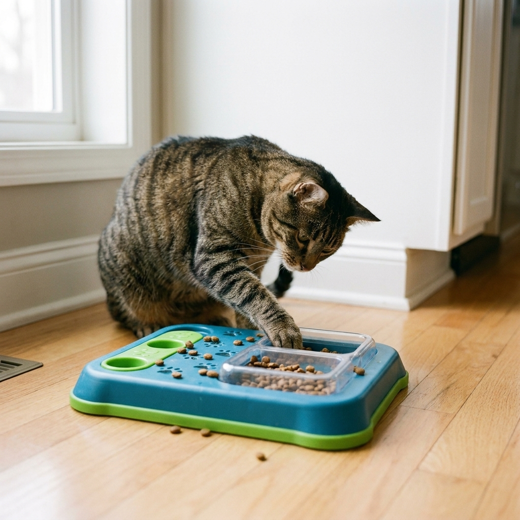 An indoor tabby cat using a plastic puzzle feeder on a kitchen floor, paw reaching into a compartment to retrieve kibble