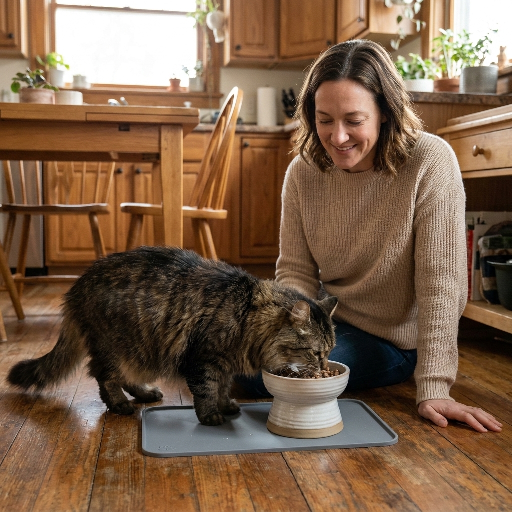 An older cat eating from a raised food bowl on a non-slip mat in a quiet home kitchen