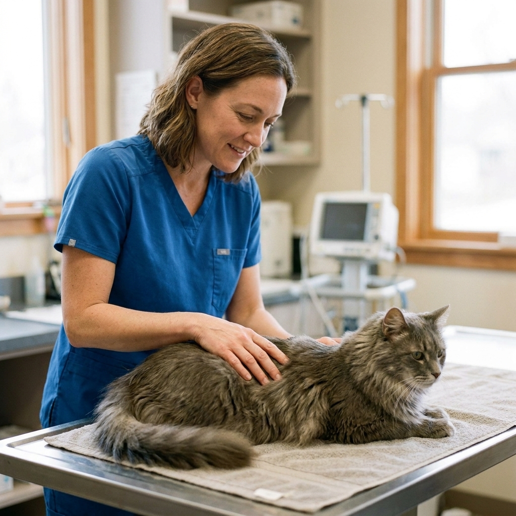 An older gray cat being gently examined by a veterinarian who is feeling along the cat's back and hips in a clinic exam room