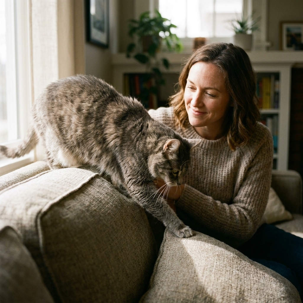 An older gray cat carefully climbing onto a living room sofa using the cushion edge as a step in natural indoor light.