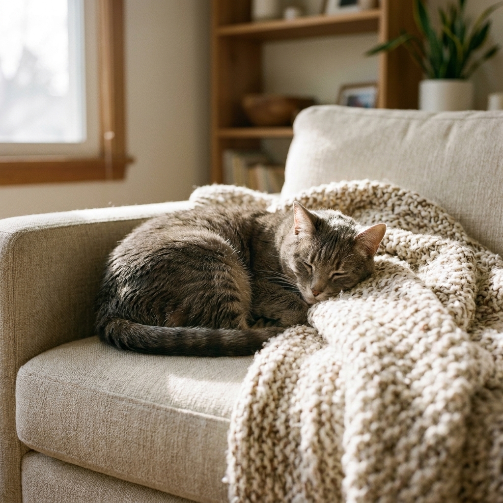 An older gray cat resting comfortably on a soft sofa with a cozy blanket in a sunlit living room