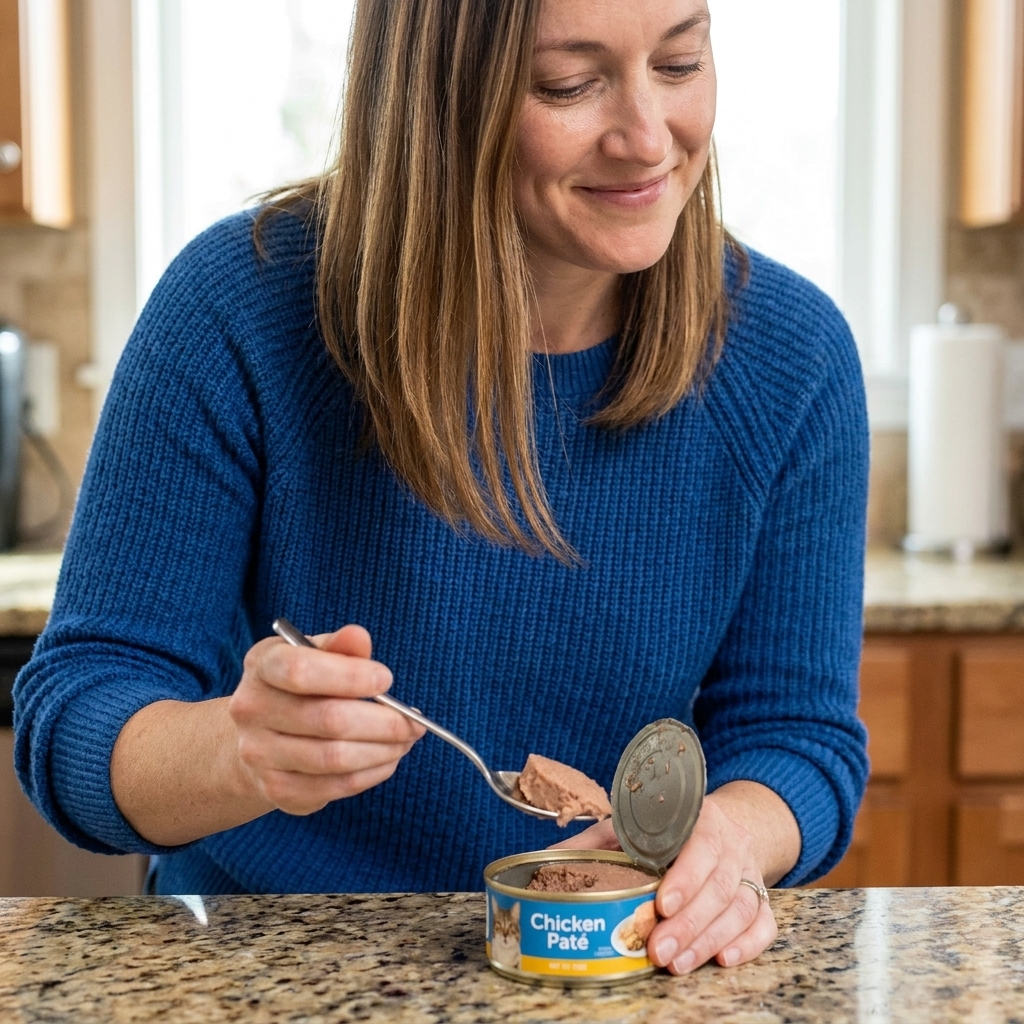 An open can of pate-style cat food on a countertop with a spoon scooping a portion
