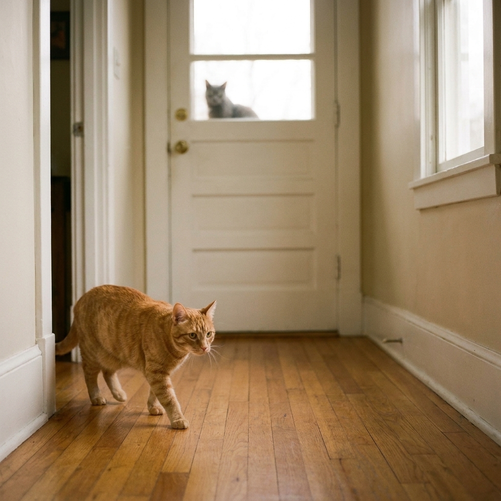 An orange tabby cat cautiously exploring a hallway while another cat is safely behind a closed door, home interior