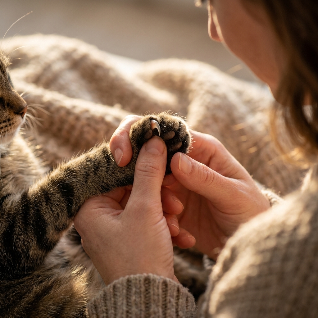 Close-up of a person gently pressing a cat’s toe pad so a single claw extends, with the nail tip visible in good lighting