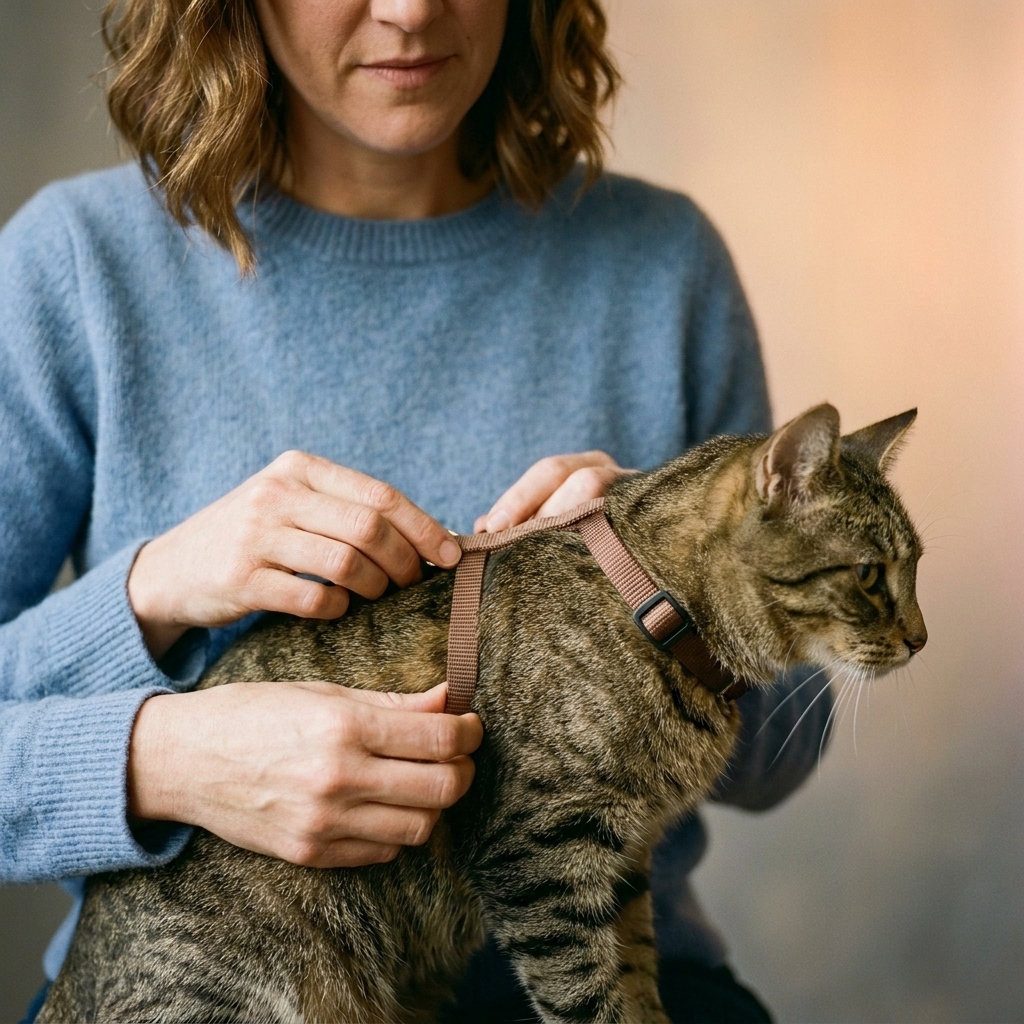 Hands gently adjusting an H-style cat harness on a short-haired tabby cat, showing proper strap placement behind the shoulders