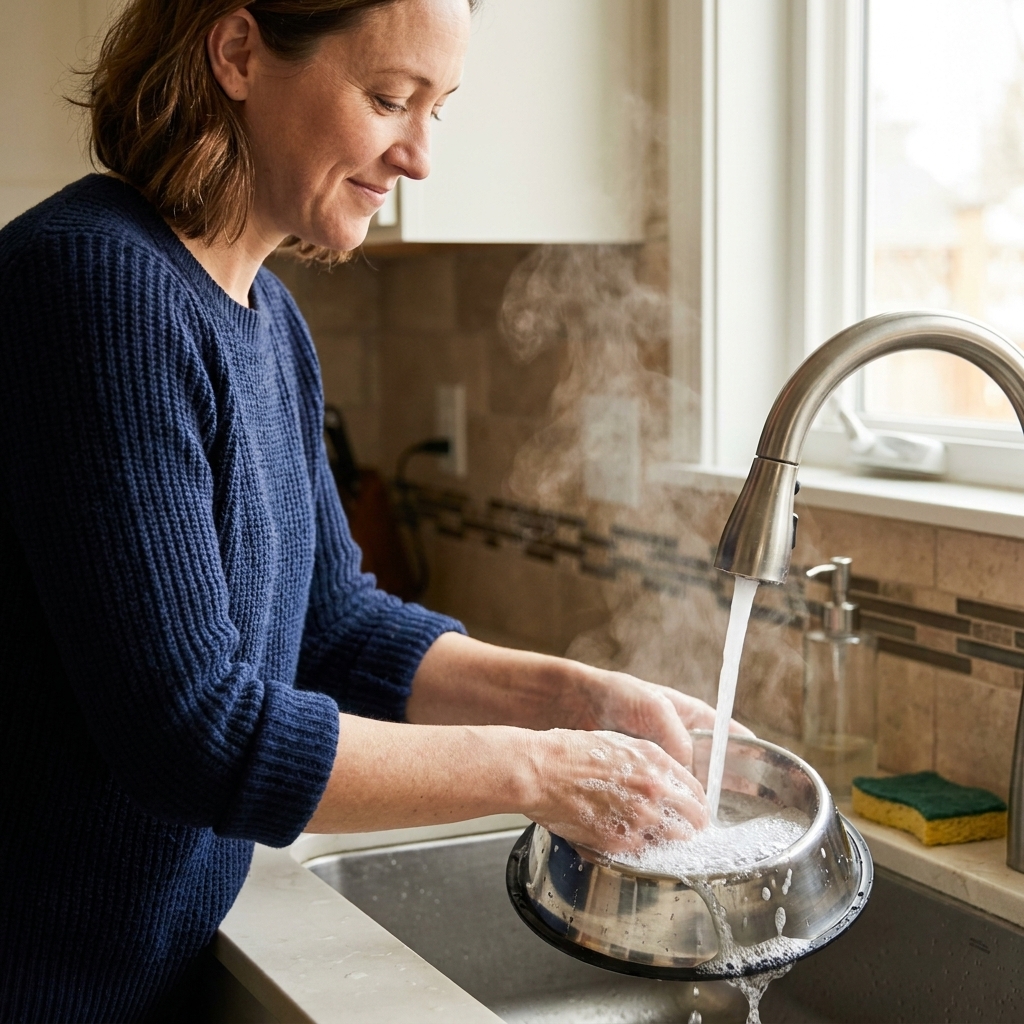 Hands washing a stainless steel cat food bowl with dish soap under hot running water in a kitchen sink