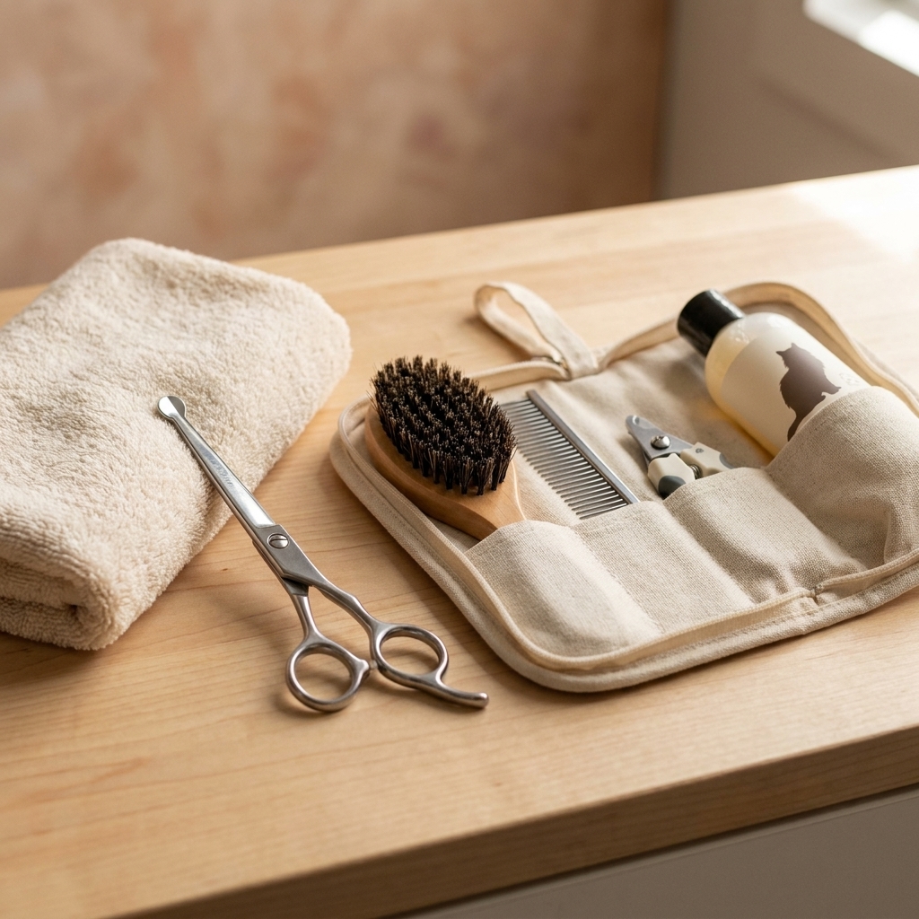 Rounded-tip grooming scissors placed next to a soft towel and a long-haired cat grooming kit on a countertop