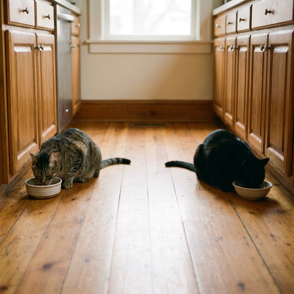 Two cats eating from separate bowls in different corners of a kitchen with space between them