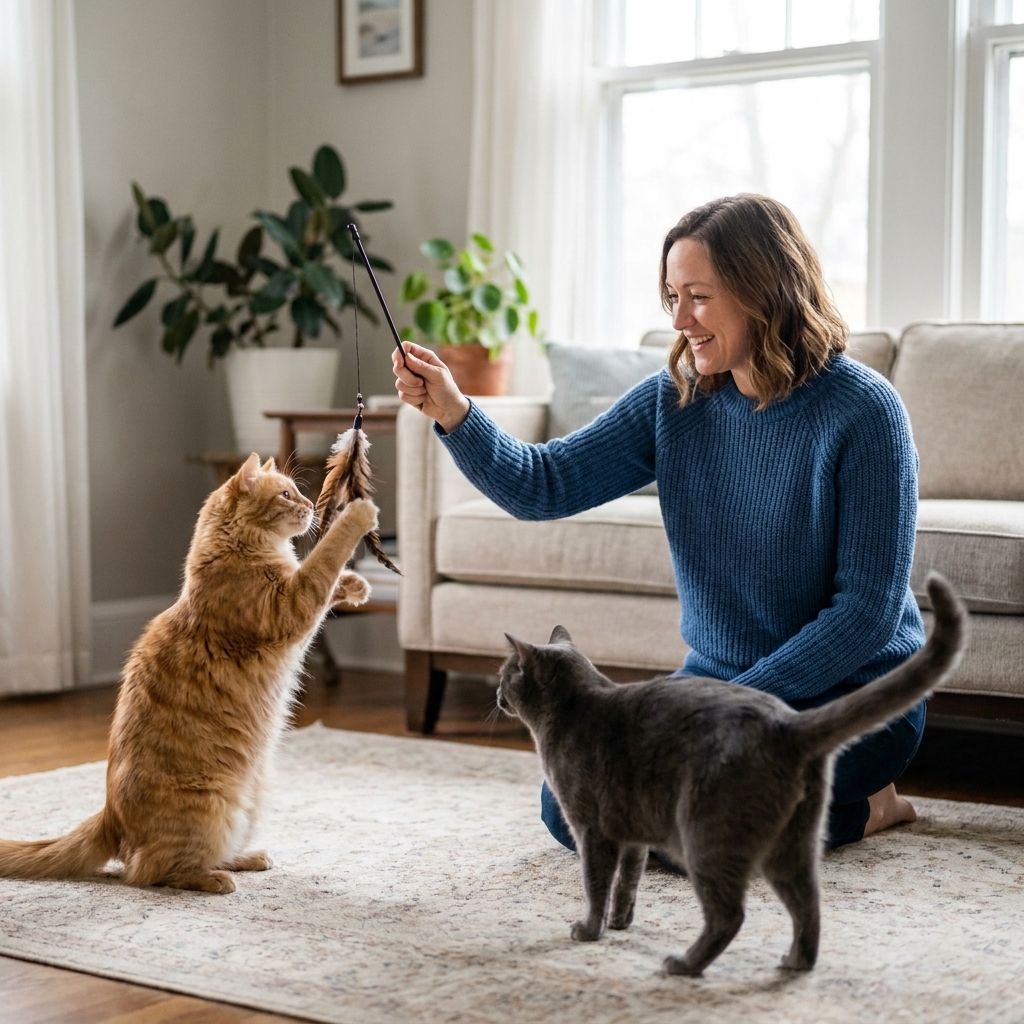 Two cats in the same living room during a supervised introduction while a person plays with a wand toy to keep them relaxed