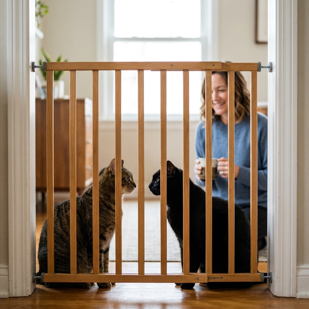Two cats seeing each other through a tall baby gate in a doorway while staying calm, indoor home scene